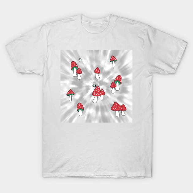 Aesthetic Red Hatted Mushrooms and Butterflies on a Black and White Tie Dye Background T-Shirt by YourGoods